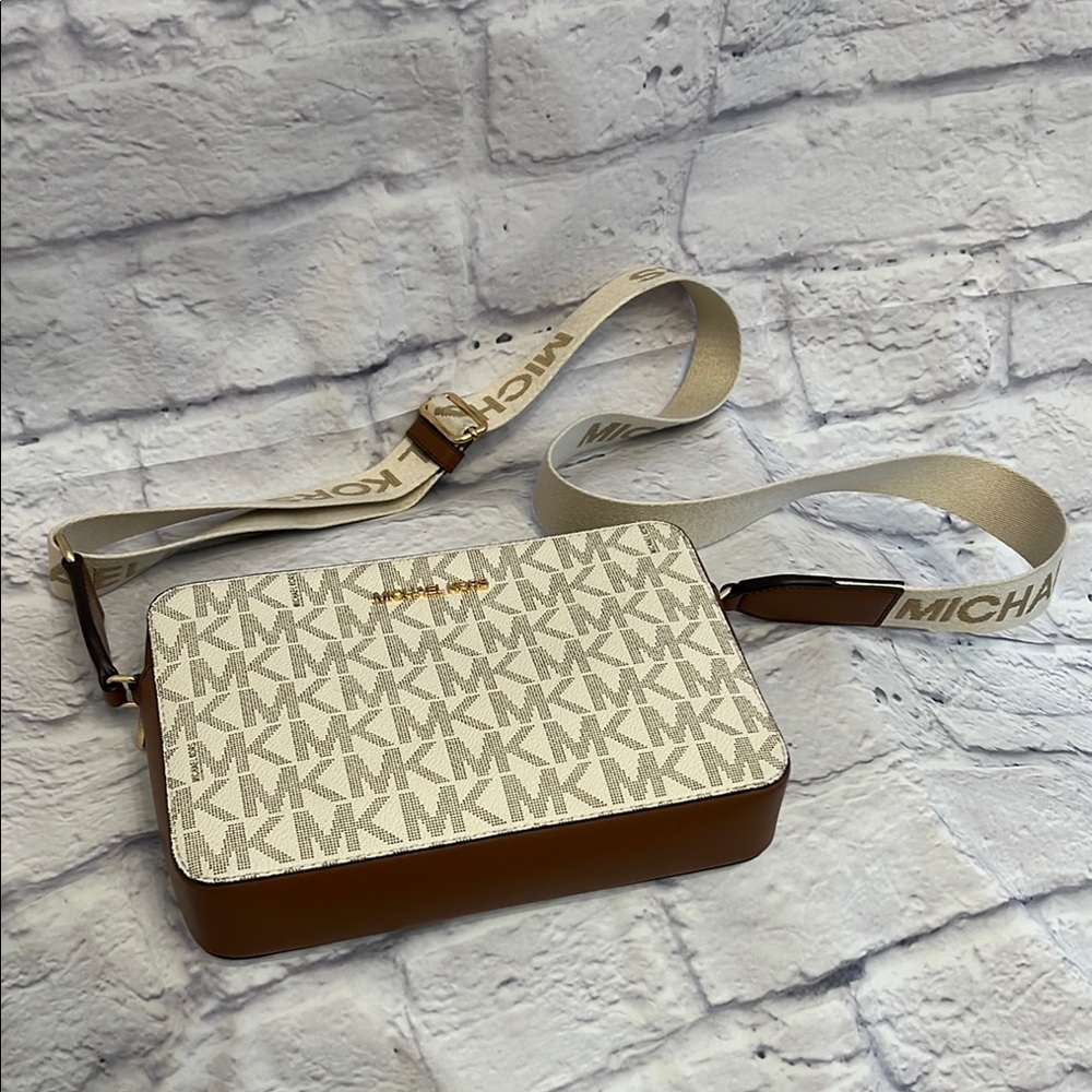 Michael Kors Cream and Brown Logo Crossbody